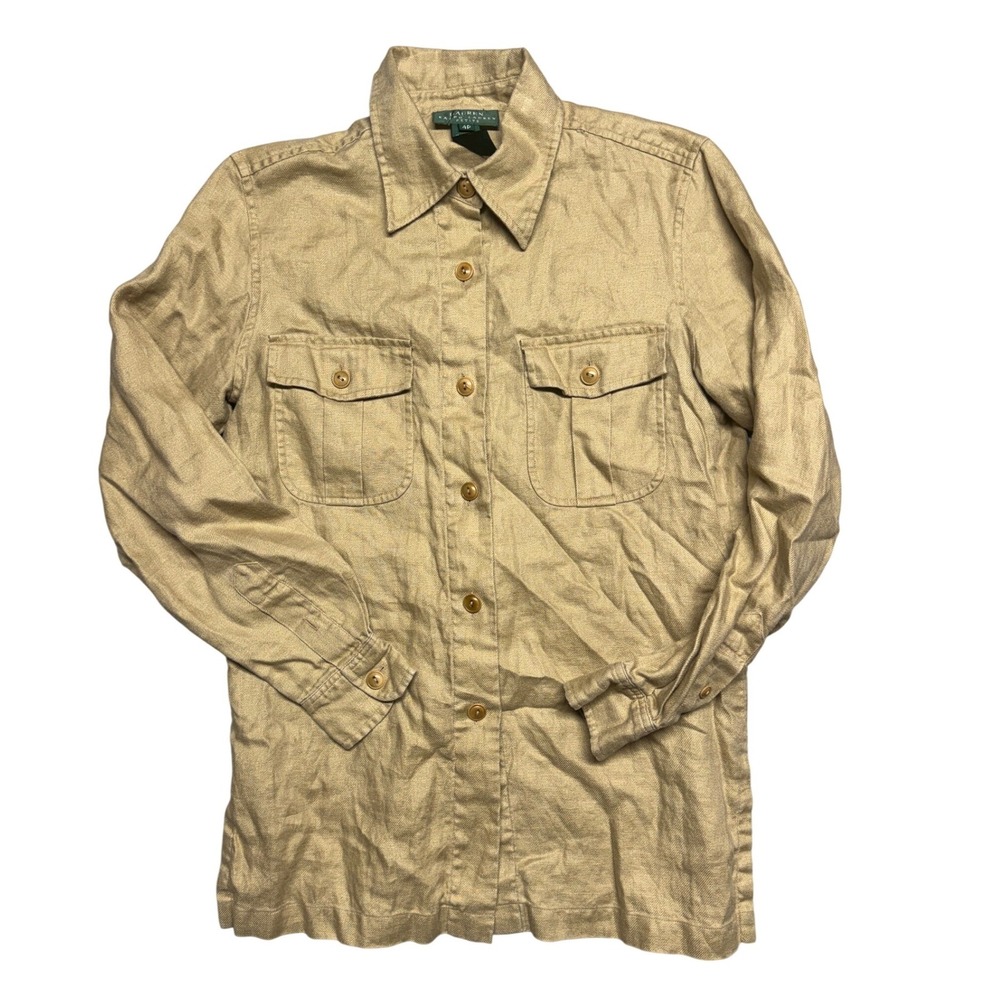 Lauren Ralph Lauren Petite Tan 100% Linen Safari Button Down Shirt 4P